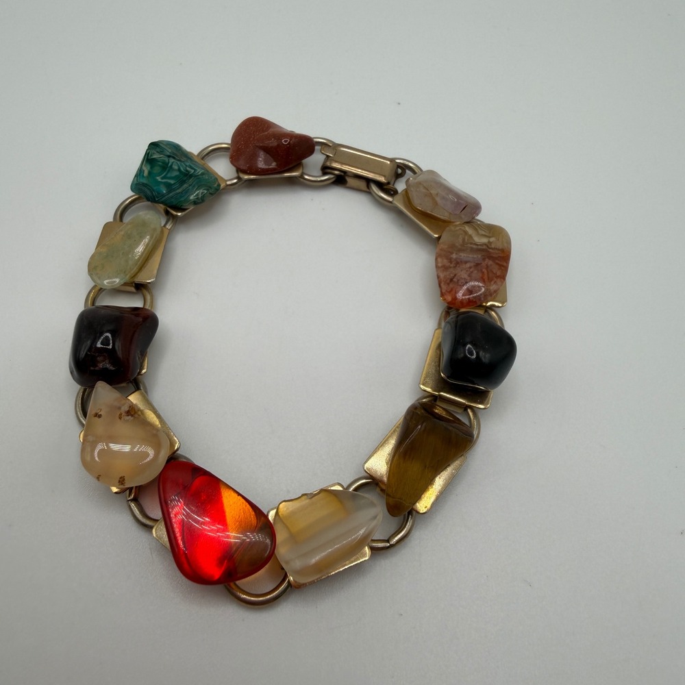 Vintage Gold Tone Multi Gemstone Tumbled Stone Link Bracelet Tiger Eye Agate 7"